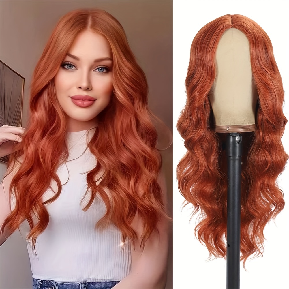 TEMU 26 Inch Long Wavy Wigs For Women Copper Red Curly Wig Center Part Natural Looking Synthetic Hair Wig Stylish Womens Wigs For Daily And Fun Party Cosplay