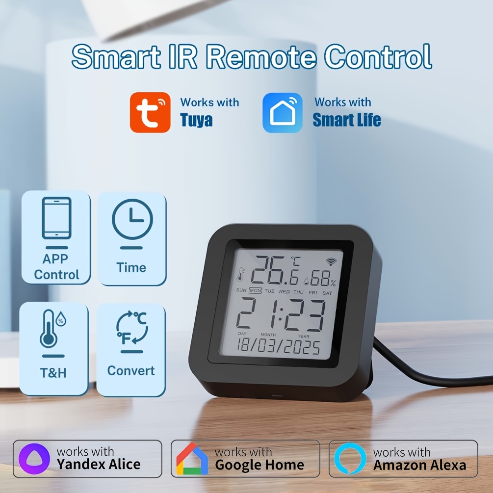 item picture smart universal ir remote   blaster with clock thermometer hygrometer 4in 1 for smart home with temperature and humidity sensor wifi 2 4ghz required work wtih   smart life   alexa   alice