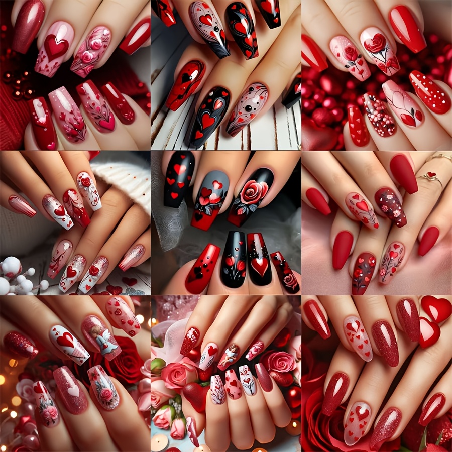 TEMU Juego de 216 uñas postizas de aplicación fácil glamorosas en y rosa - Forma de ataúd largo, acabado , reutilizables - Uñas postizas para de San