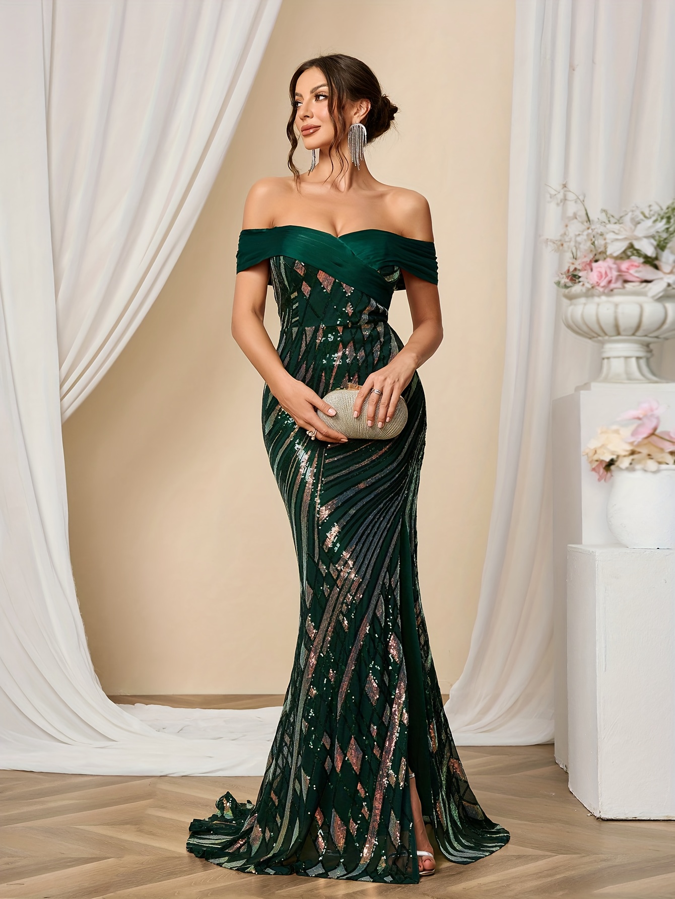 chinese dress ladies V-Neck Sequined Mermaid Fishtail Maxi Dress