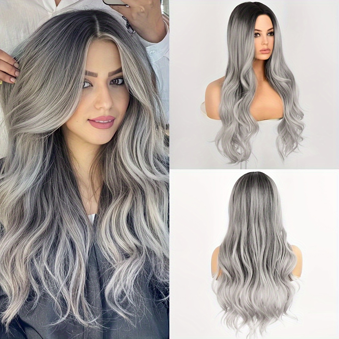 

28 Inch Long Curly Gray Gradient Wig Paired With Synthetic Wig For Women, Suitable For Daily Or Role-playing Use