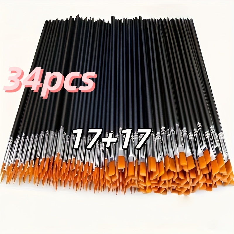 TEMU Set de 34 pinceaux d'artiste professionnel - Poils en nylon noir, convient pour et rondes pour la peinture acrylique, à l'huile, et la peinture