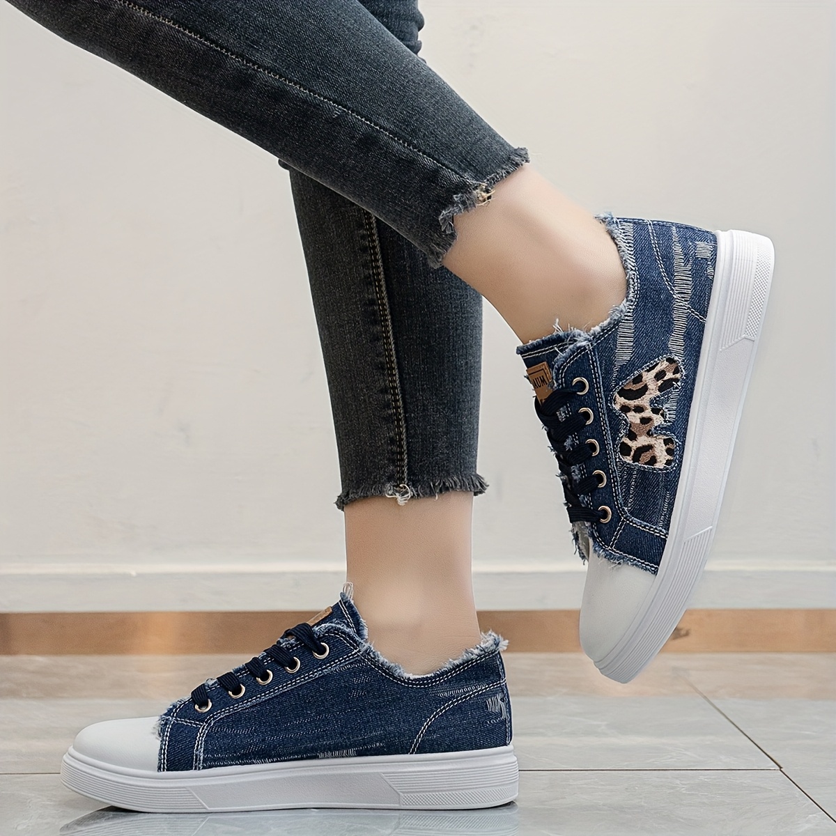Canvas Sneakers Blue Leopard Print Shoes Preppy Style Women's
