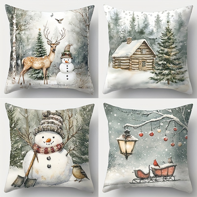 

Themed Throw Pillow Covers Set Of 4, Polyester, Hand Wash, Zippered, Snowman & Deer Print, Contemporary Style For Living Room Decor - Green , Soft & Comfortable Woven Fabric