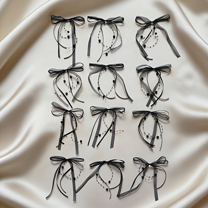 Image of 12pcs Elegant Sheer Organza Pearl Bows For Wedding Favors, Mini Ribbon Bowknots For Invitation Cards, Bridal Shower Gifts, Wine Glass Decor, Valentine's Day & Guest Book&halloween, School