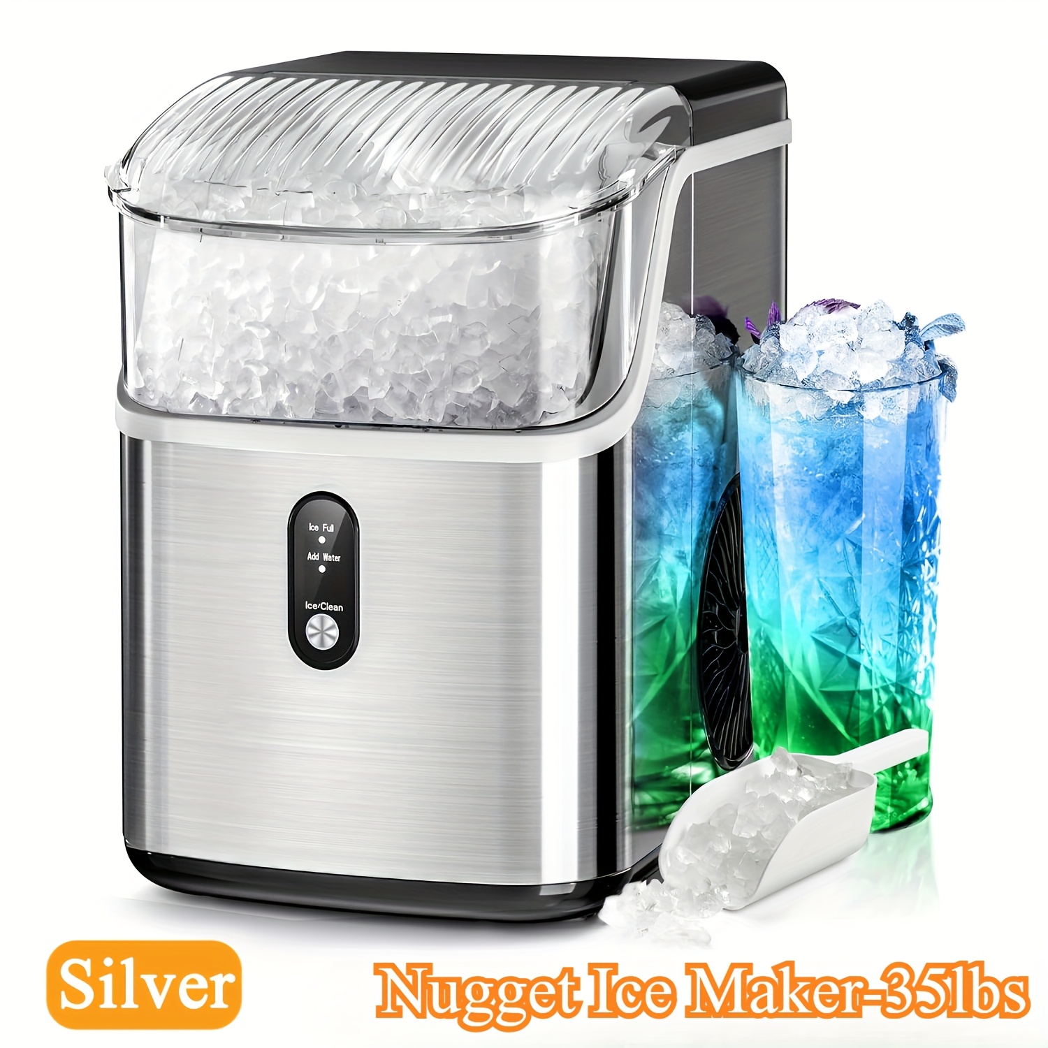 

Ice Maker Countertop, 35lbs/24h Portable Table With Chewable & Crushed Ice, Self-cleaning, Operation For Home, Kitchen & Office (stainless Silvery). 35lbs Ice Or 26/26.3/26.5/28 Lbs Bullet Ice Maker