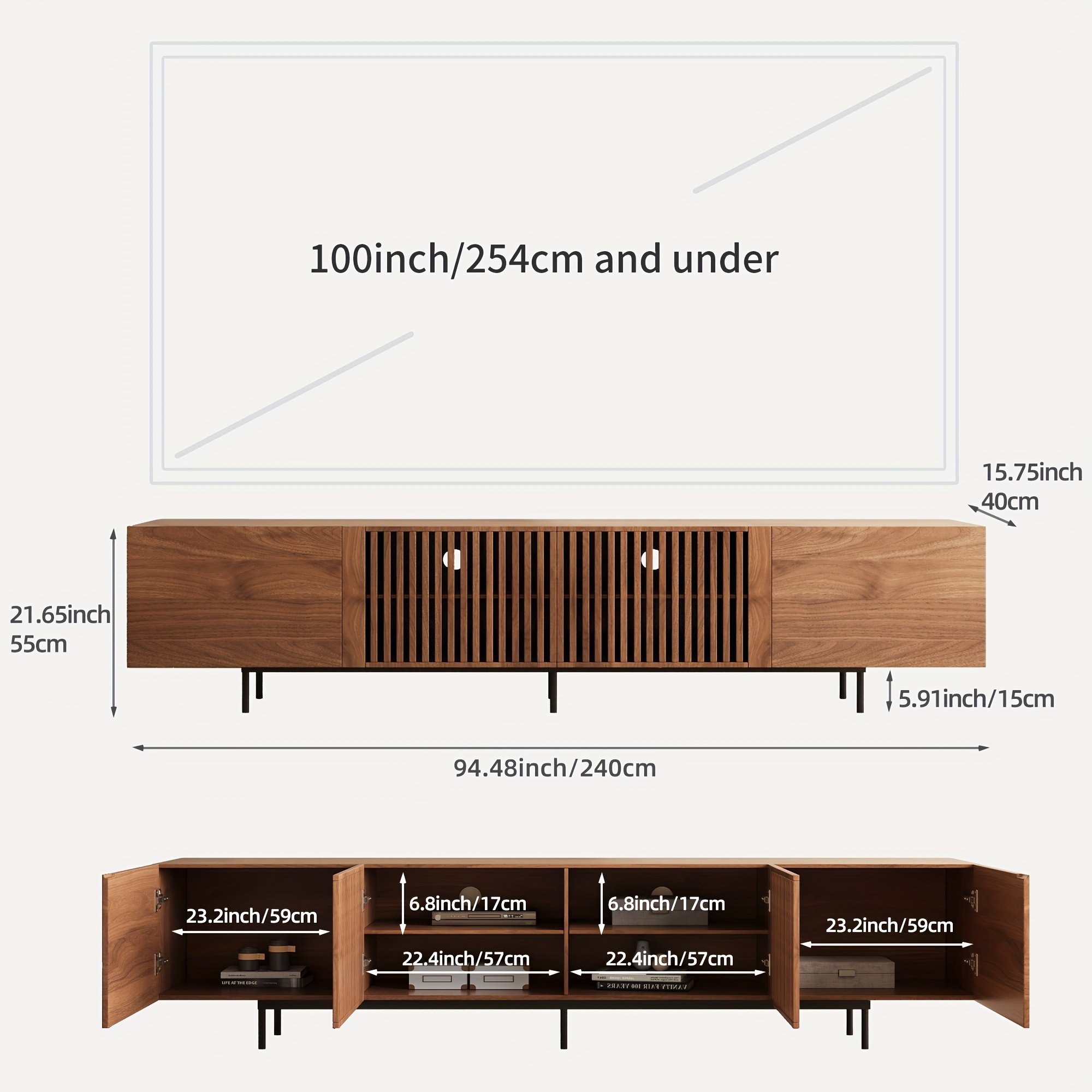 Image of Modern Walnut Tv Stand With Large Storage Space, 180cm Media Console For Living Room & Bedroom, Wood Cabinet With Metal Legs, Easy Assembly, No Power Required