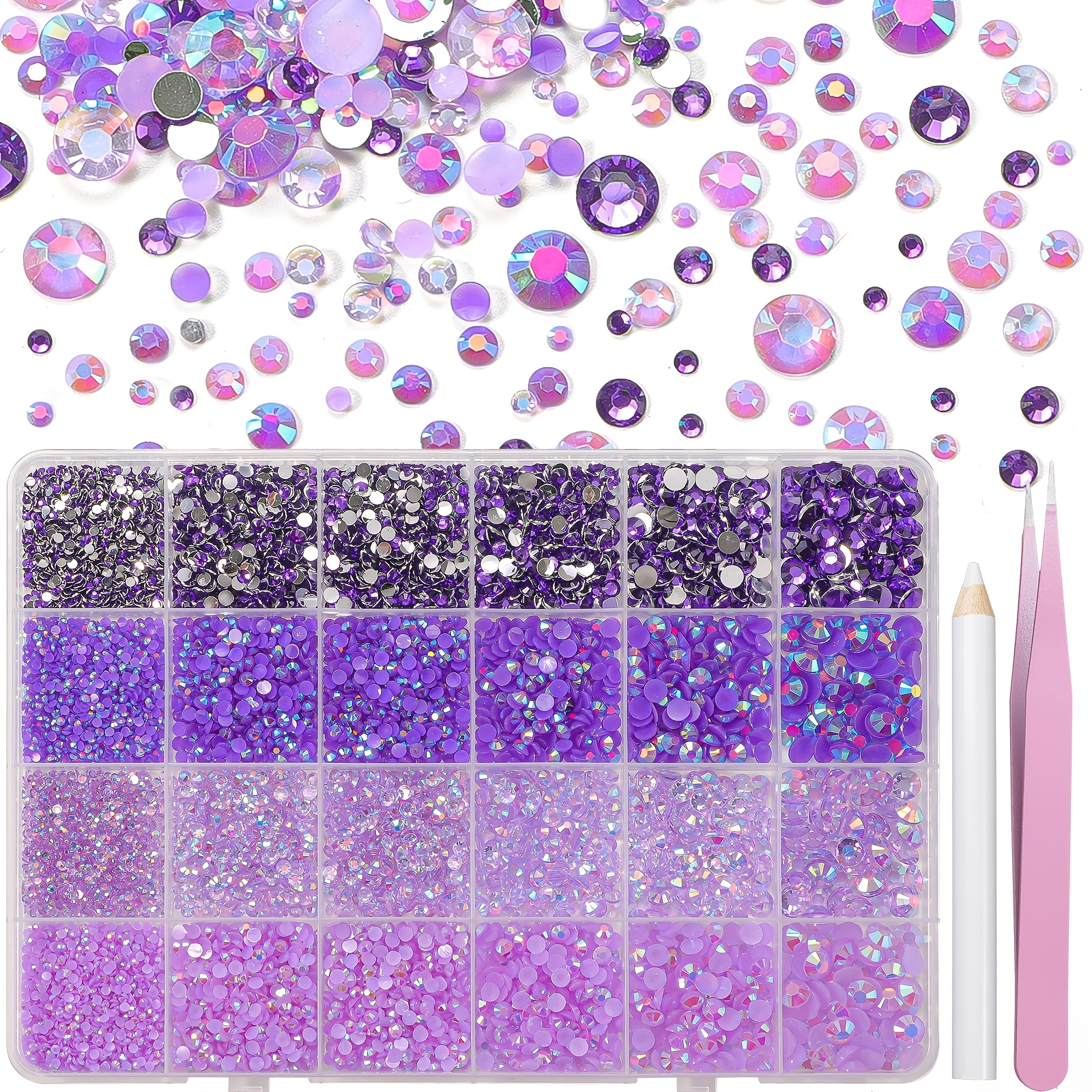 TEMU 26000pcs Strass Plat Dos en Résine Violette pour Artisanat, Strass en Résine pour Kit de , 2/3/4/5/6Mm Pierres Plat Dos pour Mugs Tumblers