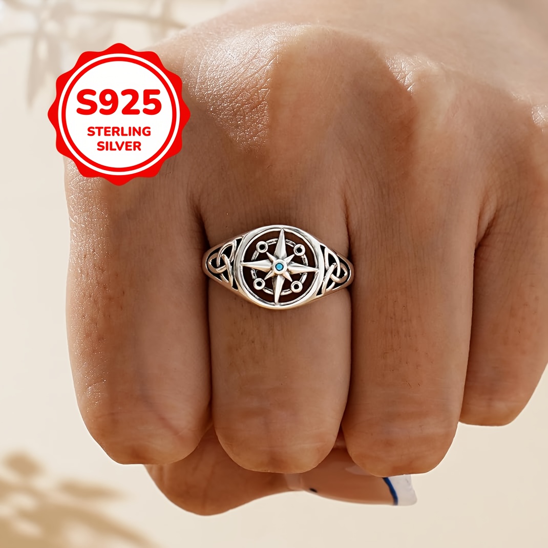 S925 Silver Compass Open Ring with Zirconia Inlay