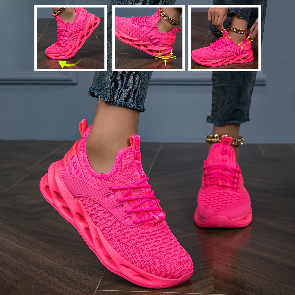 Women's Neon Pink Sneakers - Shock-Absorbing Shoes with Cushioned MD Sole, Breathable Fabric Upper - All-Season Gym, Running, Walking Shoes - Non-Slip Grip for Everyday & Formal Outfits - Trendy Sneakers, Ladies Sneakers, Stylish Laceups, Cushioned Comfort, Gym Footwear, Fashion Footwear, Durable Construction, Women