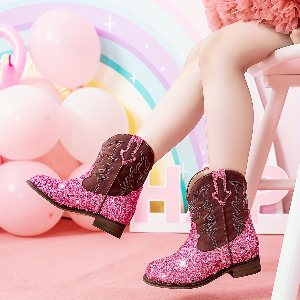 Girls Sparkling Sequin Cowboy Boots Ankle high Square Toe Temu United Kingdom