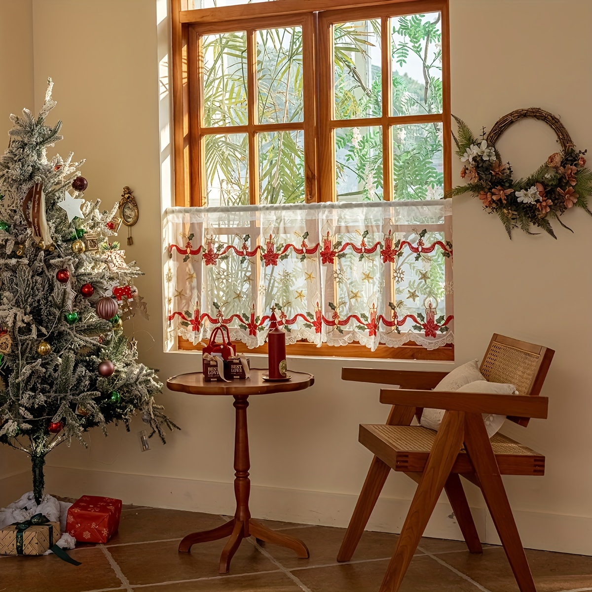 TEMU 1 rideau transparent et coloré brodé de Noël avec poche pour tringle pour une suspension facile, parfait pour les rideaux de décoration de salon
