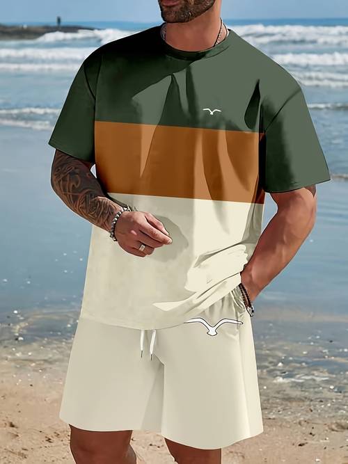 mens trendy round neck short sleeved shorts two piece set 3 color contrasting seagull high definition pattern summer comfortable vacation exercise mens clothing