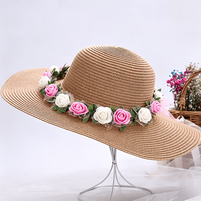 Beach Rose Brim Hat Boho Hat, Sun Beach Hat, Wide Brim Straw Hat, Retro Hat  main image 3