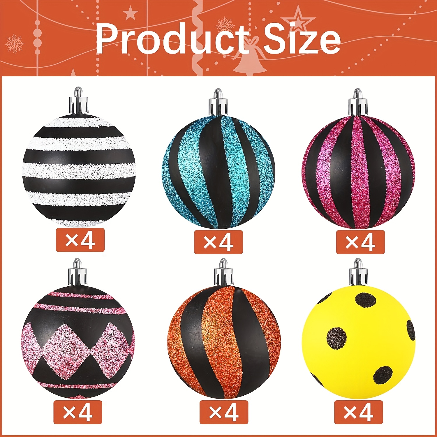 TEMU 24pcs Christmas Black And Ornaments, Plastic Colorful Striped Polka Dot Hanging Balls, Suitable For Christmas Tree And Party Decorations, Style,