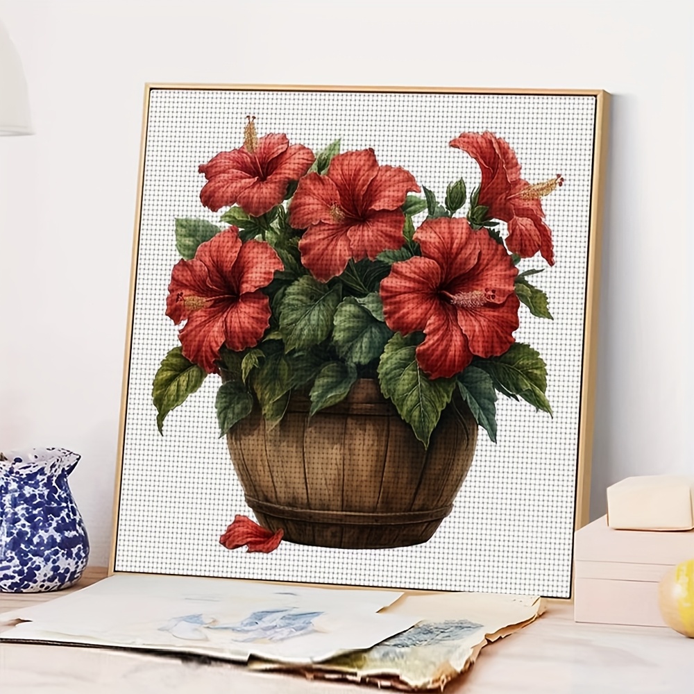 11CT Frameless DIY Cross Stitch Kit, Red Hibiscus Flowers Pattern