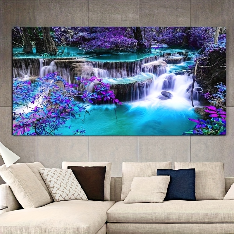 TEMU 1pc Frameless Modern Purple Waterfall Landscape Canvas Wall Art - Large Horizontal Nature Scenery Print For Living Room, Bedroom, Office Decor -