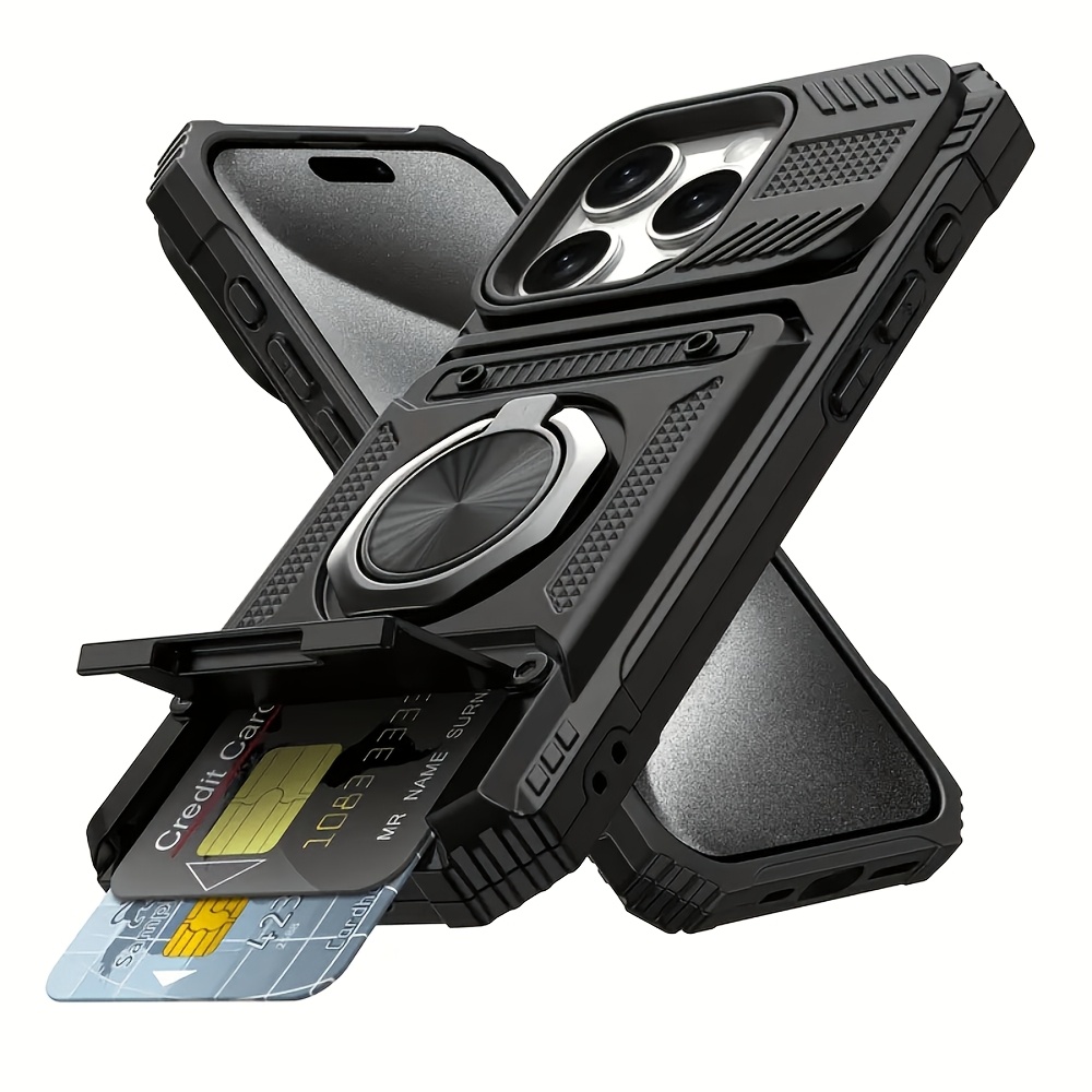 TEMU Phone Case: 360-degree Rotating Ring Stand Phone Case, 1pc, With Card Holder Function, Double-layer Thickened Heavy-duty Drop-proof Wallet Case,