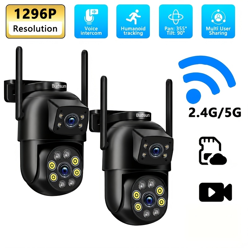 photo de l'article système de caméra de sécurité extérieure intelligente   fil  , 2 pièces, surveillance ptz avec  -inclinaison-zoom à 355°, détection   par ia et vision   en couleur, double   fhd 1296p, audio bidirectionnel,   par application mobile, convient pour la