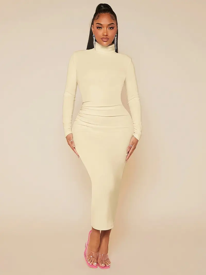 high neck solid color white long dress ruffles women's - Temu high neck solid color white long dress ruffles women's - Temu