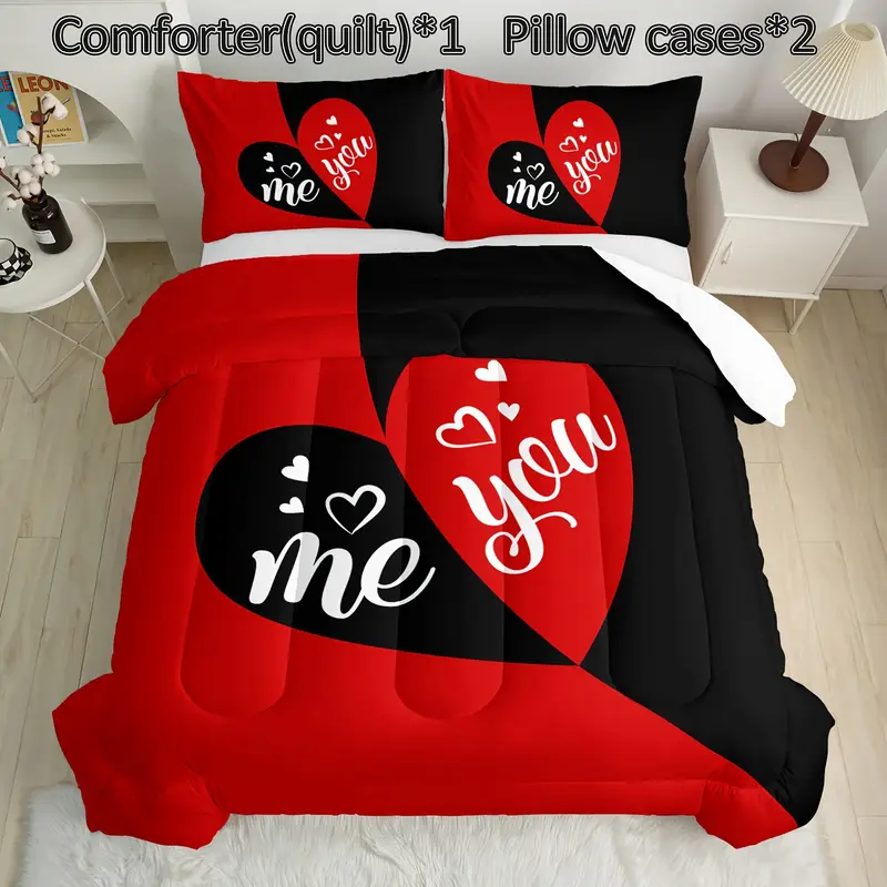 3pcs mr mrs bedding set queen comforter for adults couple men women black and red bedding set his and hers comforter bedding valentines day wedding gifts 1 quilt 2 pillowcases Product details 3