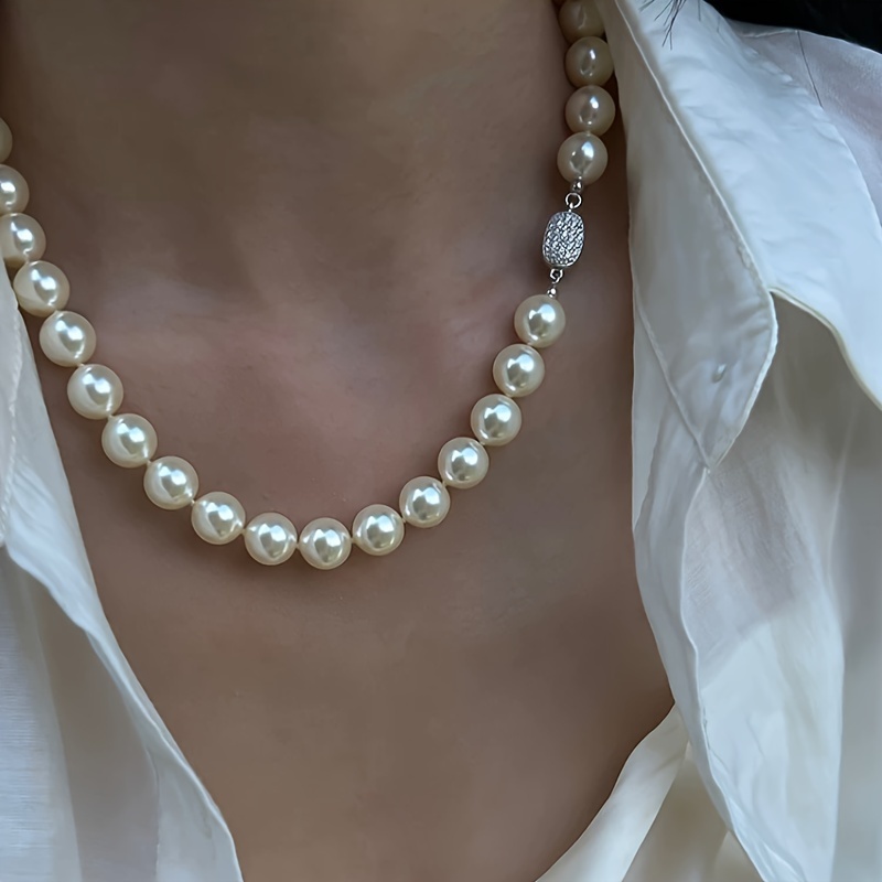 

10mm Cream White Large Shell Pearl Necklace Female Light Luxury High-end Necklace Daily Party Gift