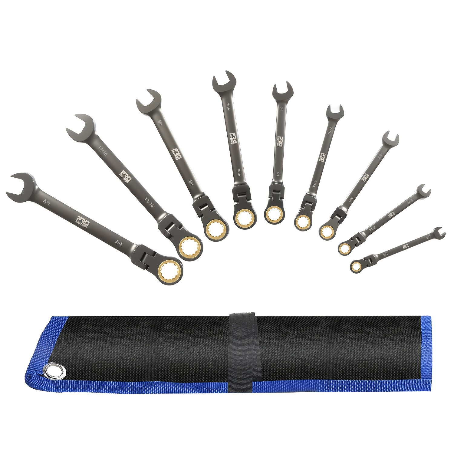 9pcs Sae Flex-head Ratchet Wrench Set 1/4"-3/4" 72-tooth Gear Steel Plated Swivel Head For Tight Auto Spaces Professional For & Garage Repair Portable Roll Pouch