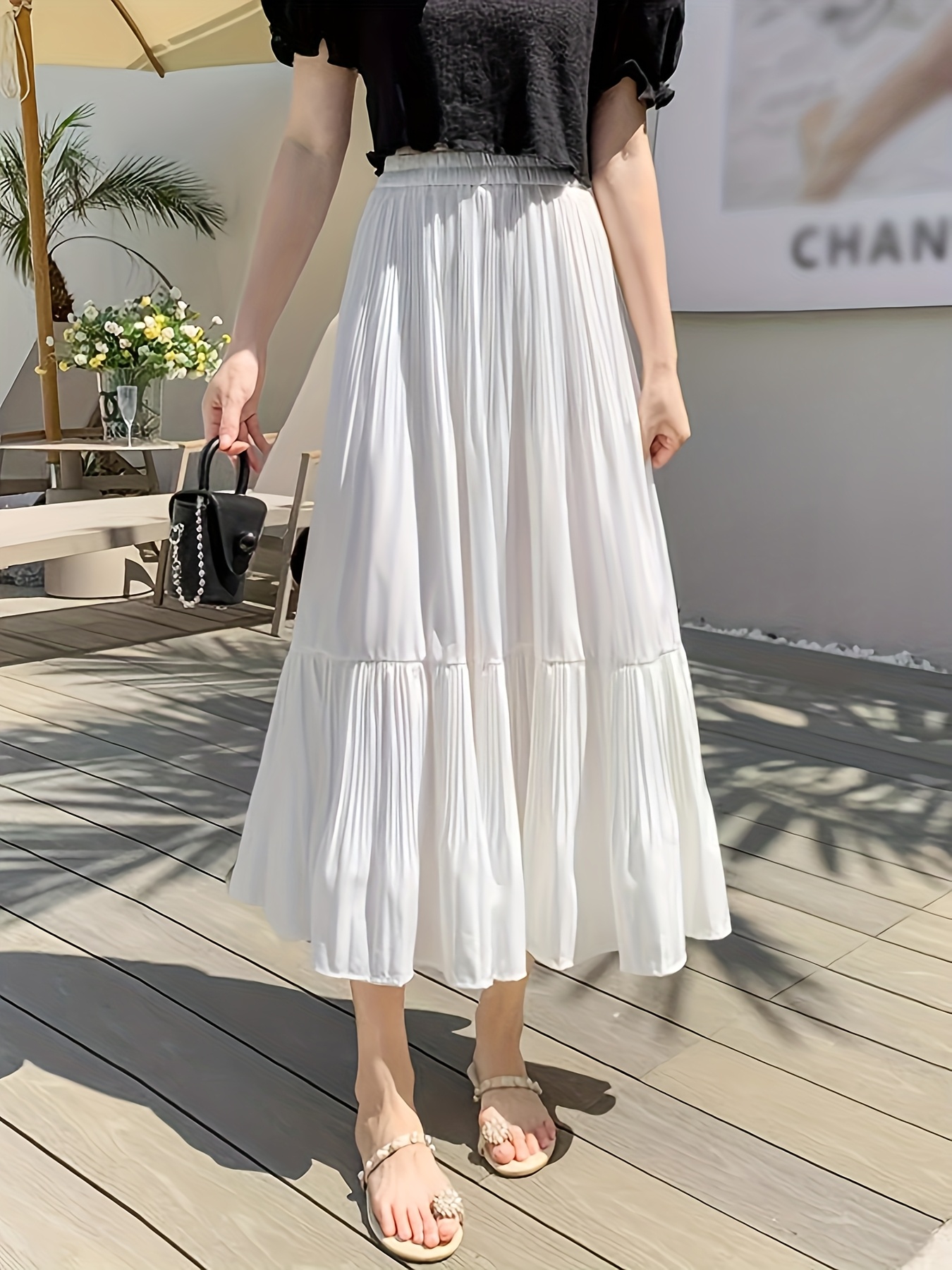 womens casual pleated maxi skirt polyester solid color a Temu