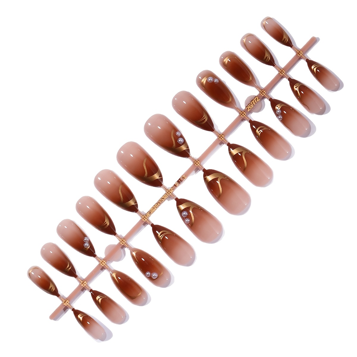 TEMU Brown Gradient French Irregular Gilded 3d -studded Press-on Nails, Gradient With Gilded Lines French For Fall And Winter Available In Multiple