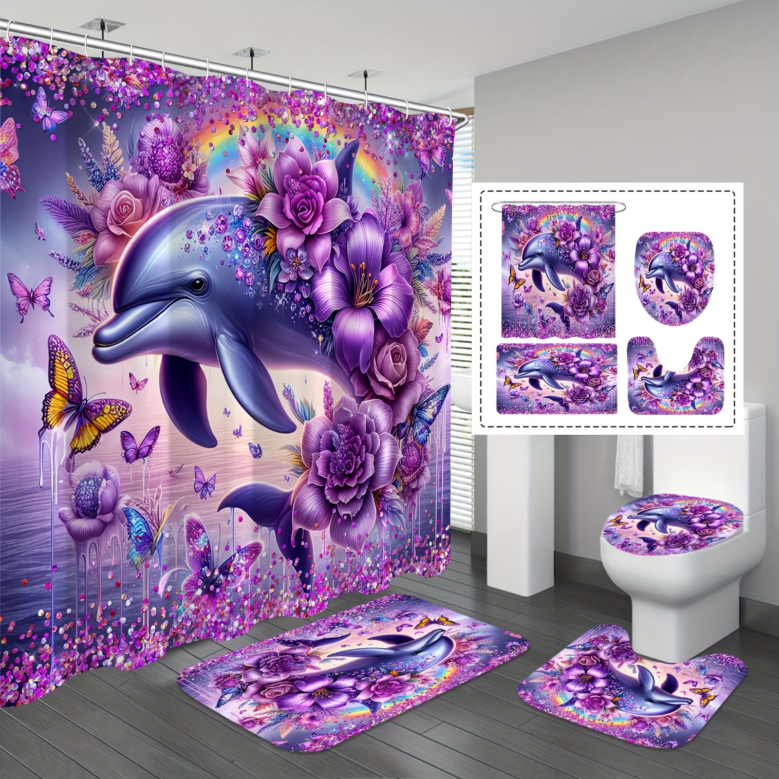 

1/4pcs Glitter Dolphin Shower Curtain Set, Gorgeous Floral Polyester Fabric Shower Curtains Bathroom Decor With 12 Hooks, Non-slip Bathroom Rug, Toilet Mat, Toilet Lid Cover Pad