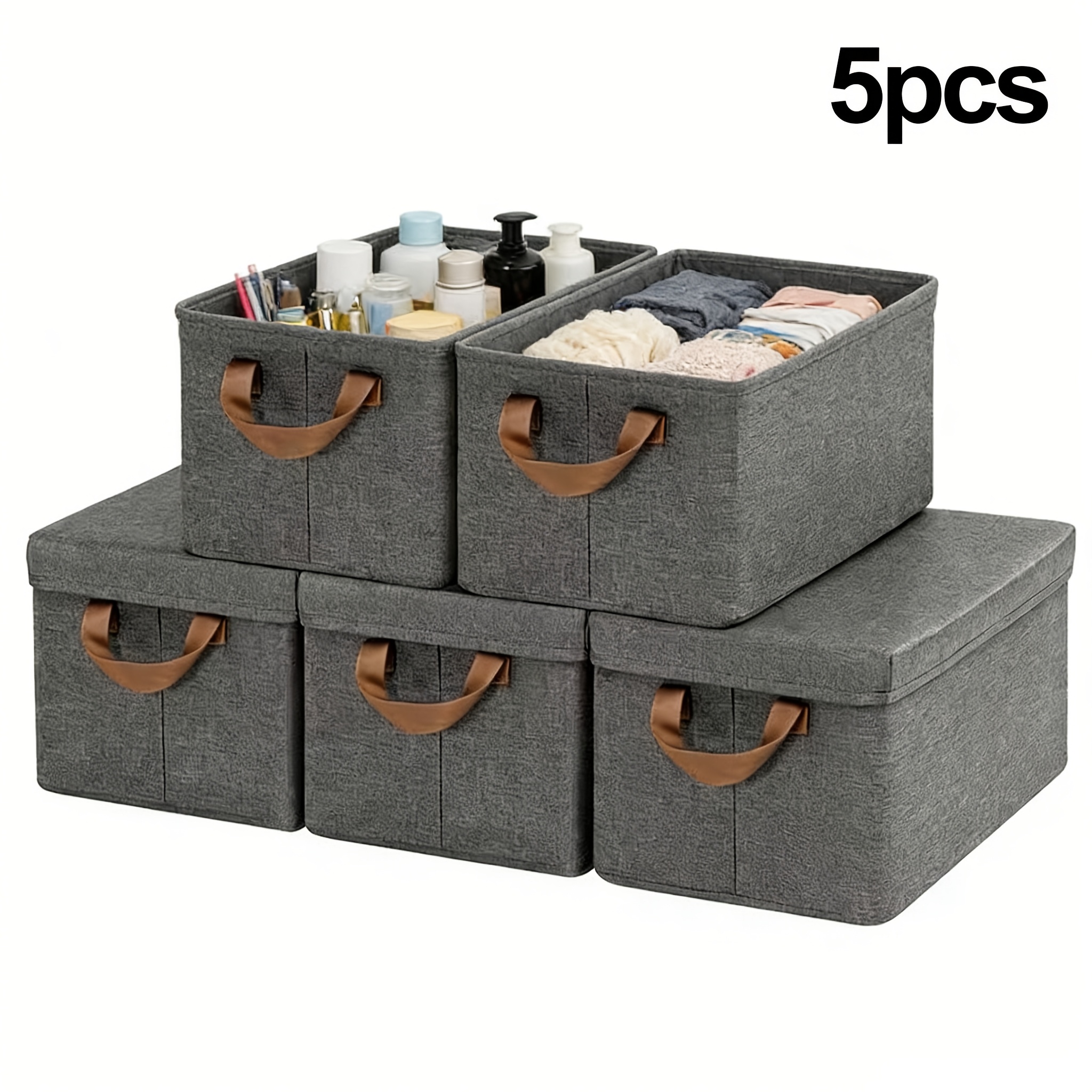 TEMU 5pcs Set Large Capacity Flip Storage Basket, Foldable And Detachable, With Lid Organizer - High-quality Rectangular Fabric Storage Box, Suitable