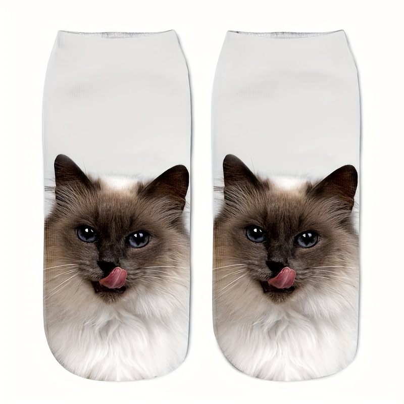 

1 Paire de Chaussettes Courtes pour Femmes avec Imprimé de Chat - Polyester Respirant, Confortable avec Bande Élastique, Motif Animal, Lavable à - pour Tenue Décontractée