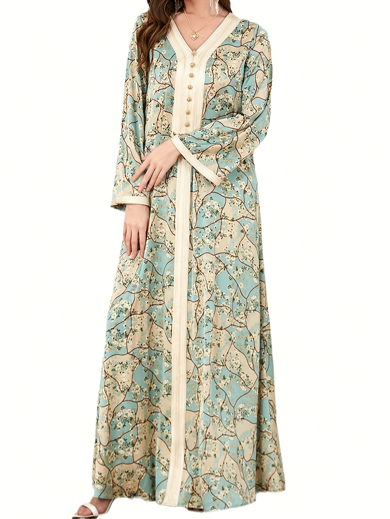 elegant arabian jalabiya kaftan for women v neck long sleeve floral pattern loose   season wear   ramadan eid celebrations     kaftan embroidered detailing arab clothes