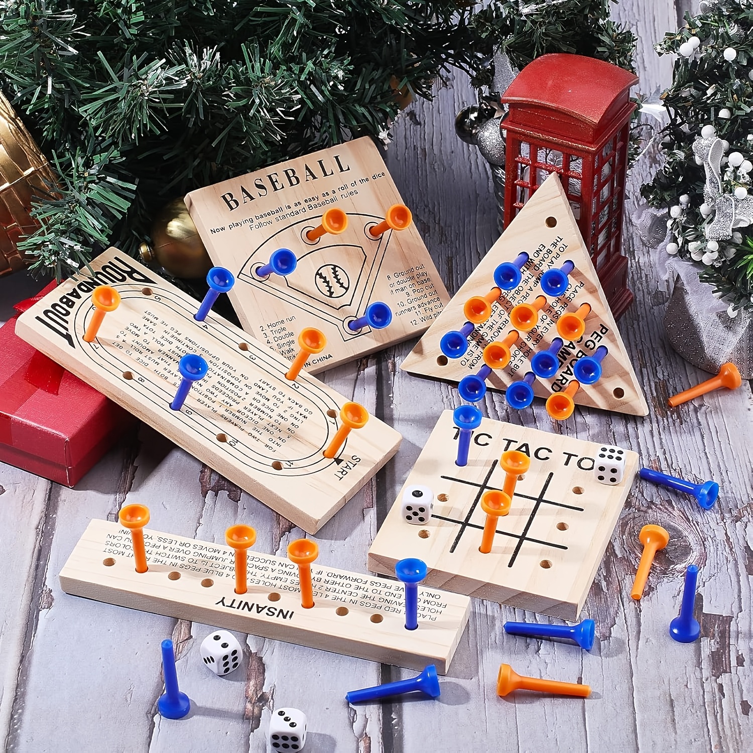 Wooden Peg Games Assortment Kit Wooden Board Game Set Including 5 Style Wooden Game Board And Plastic Pieces And Dice Puzzle Brain Games Set