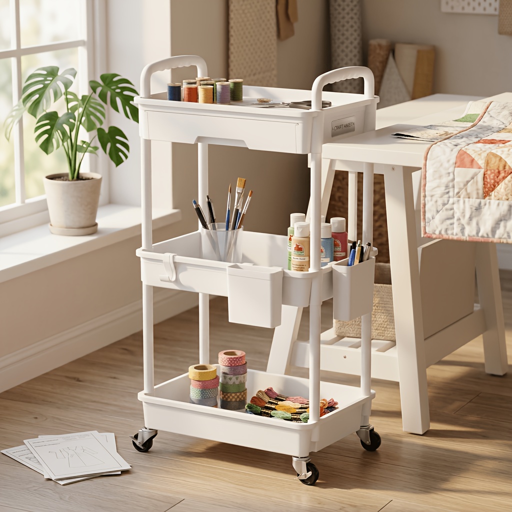 TEMU 3-tier Rolling Cart With Drawer, Multifunctional Storage Cart Organizer For Bathroom, Kitchen, Bedroom, And Office, Rolling Utility Cart With