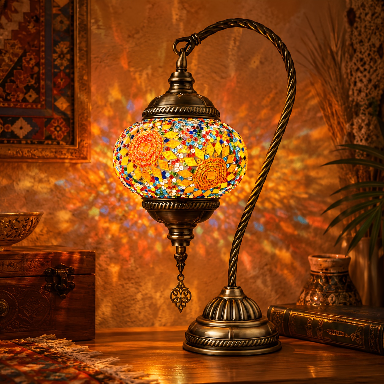 TEMU Handmade Turkish Mosaic Glass Table Lamp, Led Boho Vintage Bedside Lamp With Colorful Stained Glass Shade And Antique Bronze Base, Warm Ambient