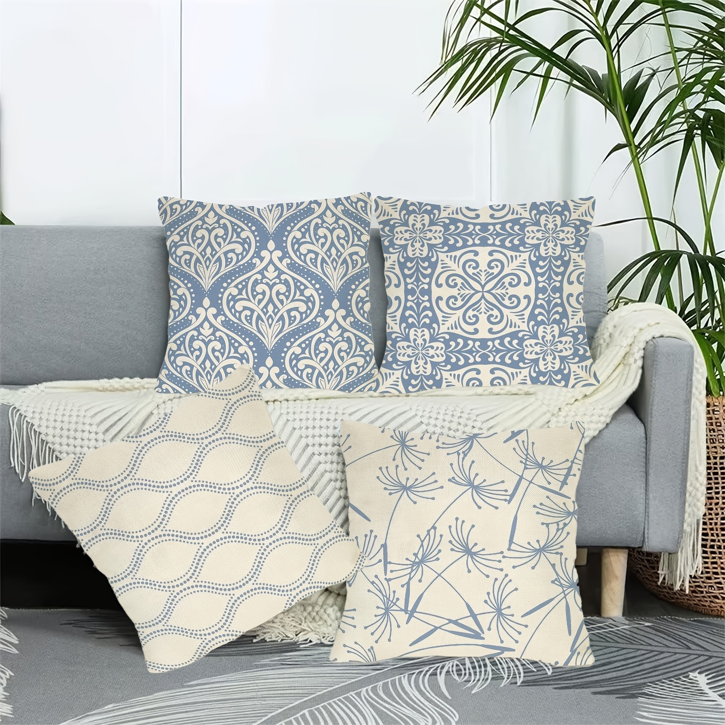 TEMU 4pcss Countryside Style Plants, And White Mediterranean Pattern 4pcs Set Decoration Home And Outdoor Linen Cloth Pillowcase, Sofa Garden
