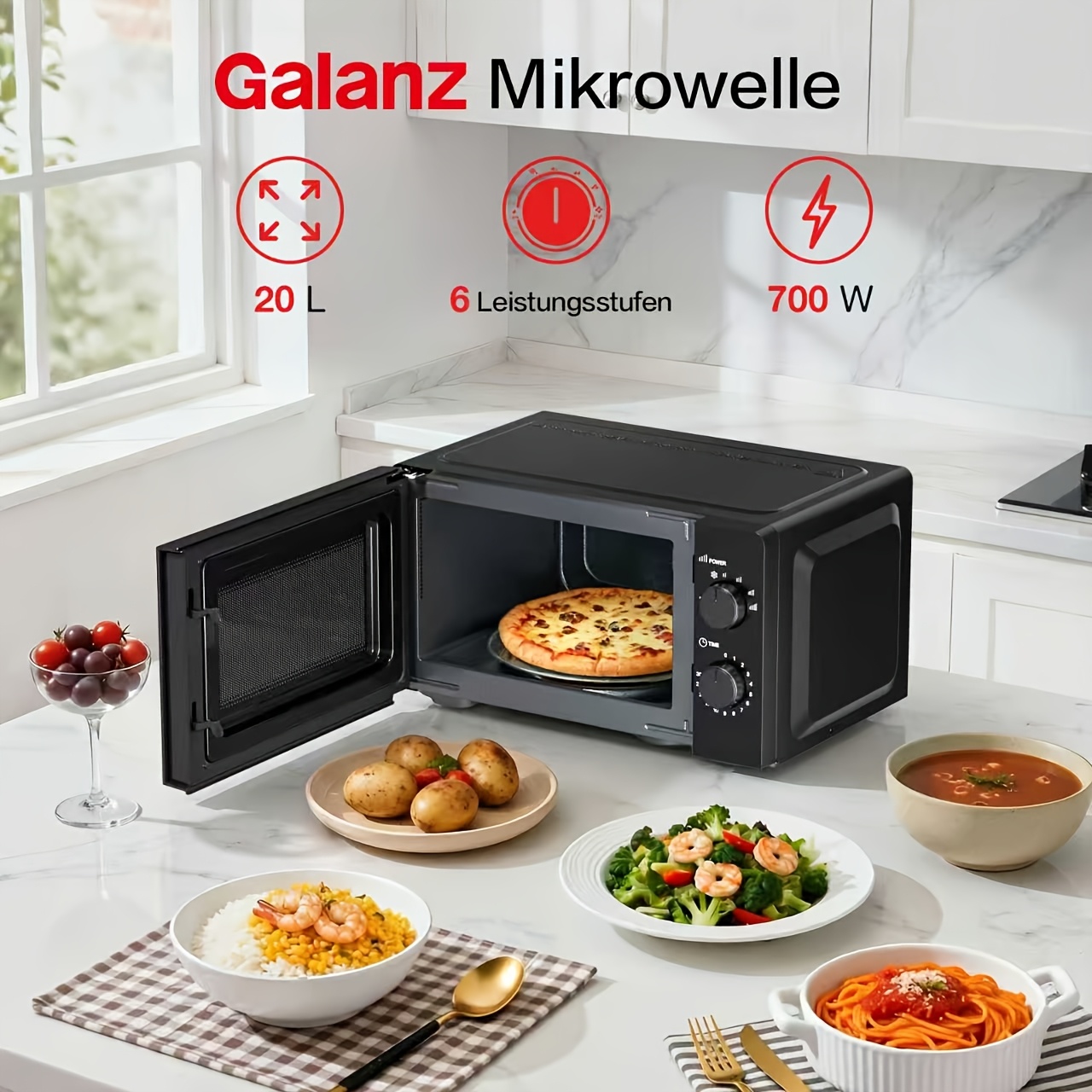 E-shop Galanz 20 Liter Mini Mikrowellenherd mit Doppel-Rotationsknopf, Multifunktionaler Haushaltsgerät in Silber für Senioren und Kinder