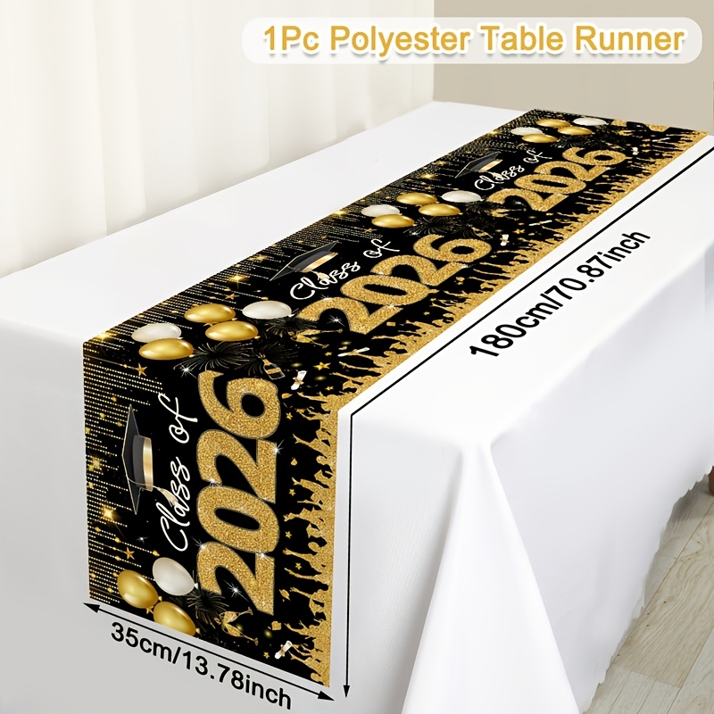 E-shop Abschlussklasse 2026 Tischdecke, 180x35 cm Schwarz Goldene Abschlussmütze Ballon Design Polyester Tischdecken Dekor, Glückwunsch GARD