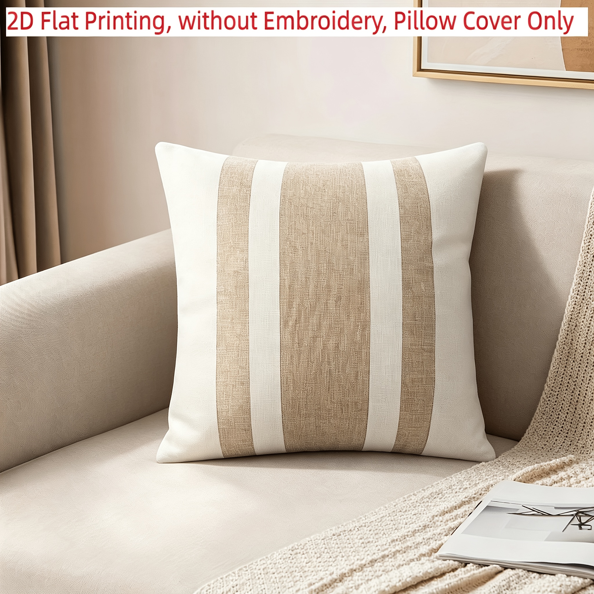 TEMU de almohada con estampado 2D, estilo decorativo de granja, a rayas caqui, estampado a una cara, sin bordado, relleno de almohada no incluido, 2D