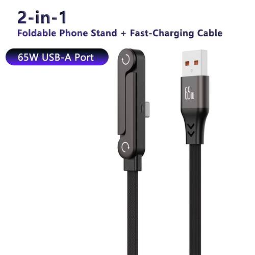 2 in 1 240w type c 65w usb a angled fast charging cable with foldable phone stand gaming charging cable