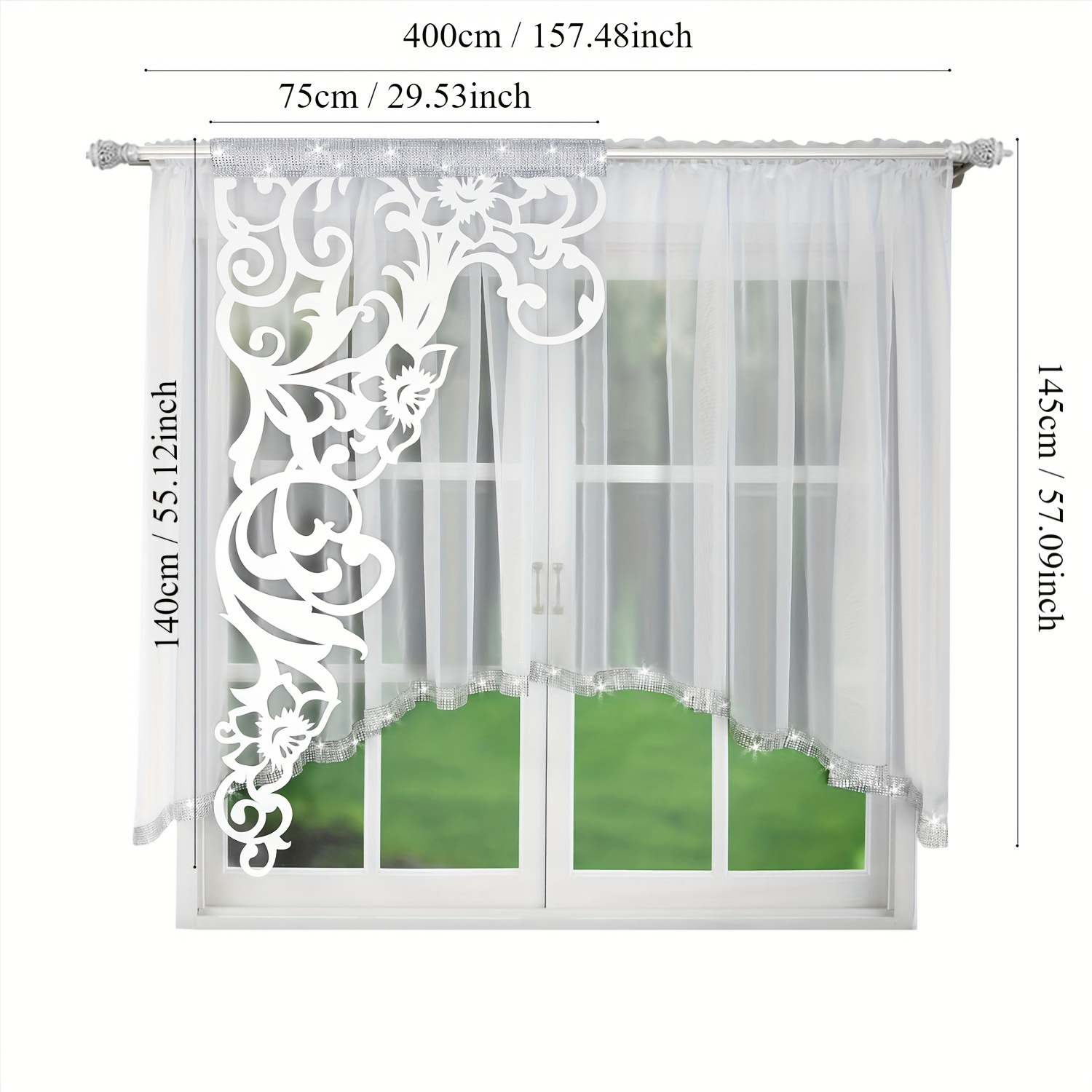 TEMU 2pcs/1set Lam377 Carved Hollow Thread Diamond Thin Gauze Curtain Curtain Curtain Set, Bedroom, Living Room Curtain, Window Decoration