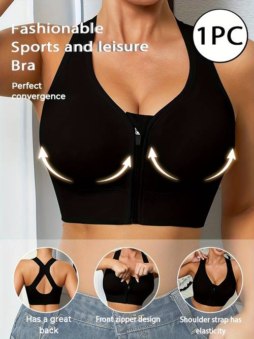1pc womens sports bra front zipper comfortable breathable fabric womens underwear