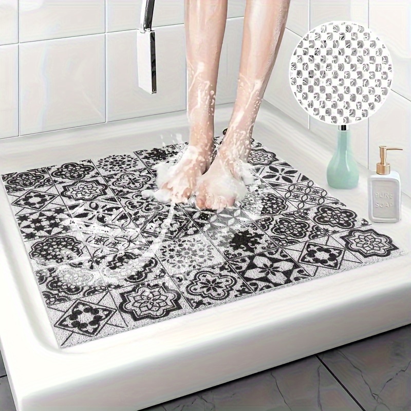 

Non-slip Bath Mat With Drainage Holes, Soft Comfort Pvc Square Shower Mat, Anti-slip Rubber Backed Bath Rug, Machine Washable Quick-dry Carpet For Bathroom Wet Area, Woven 24 X 24 Inch