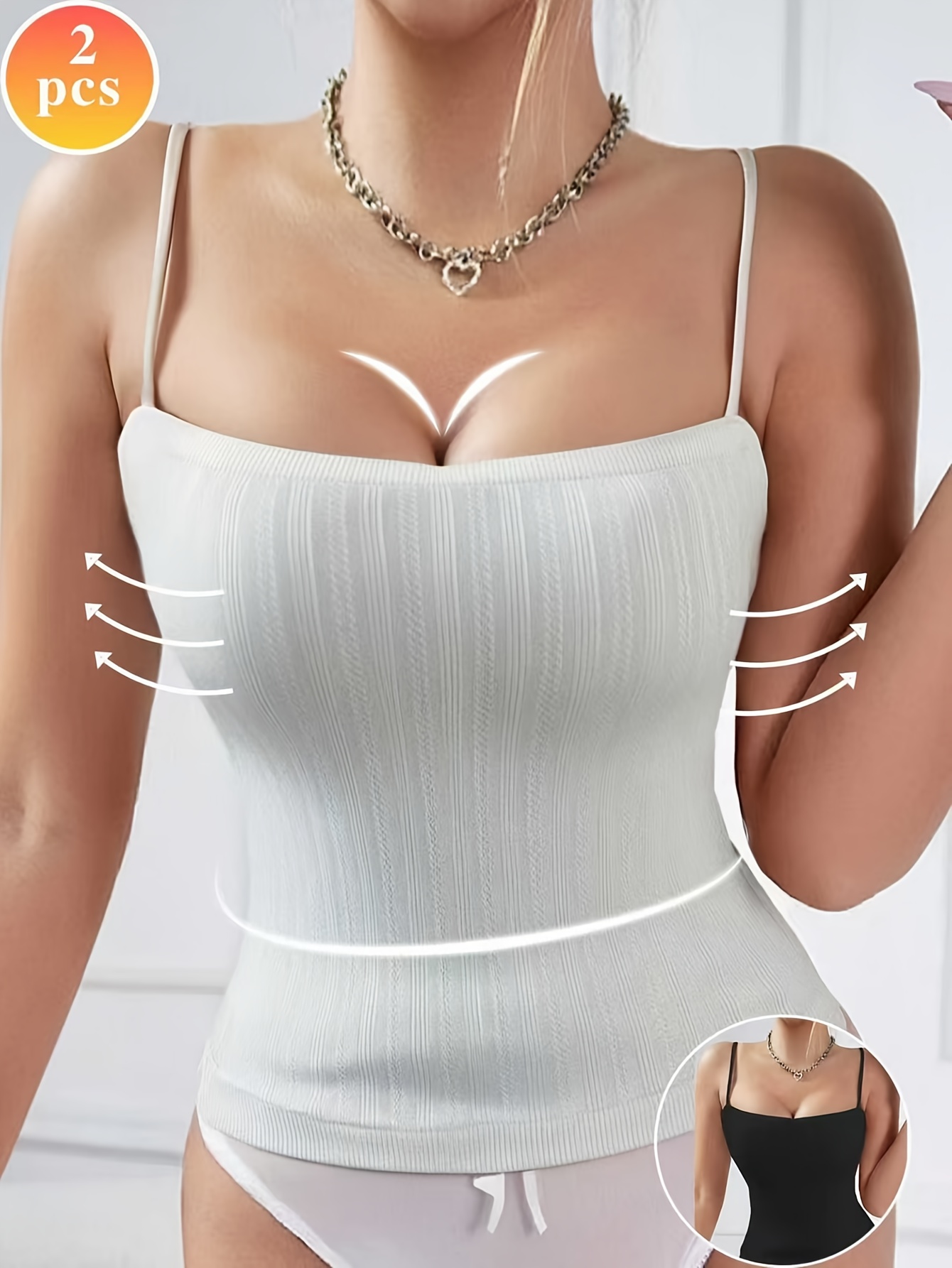 2pcs Autumn/Winter Solid Color Minimalist Padded Tank Top in Black and White, Plus Size Tank Tops for Women, Tank Top Set, Tank Tops for Women Summer, Womens Tank Top, Lace Tank Tops for Women, Layering Essentials, Casual Wear,  ,  , Padded Bra Top, Breathable Material, Sleeveless Top, Basic Top, Wardrobe  ,  