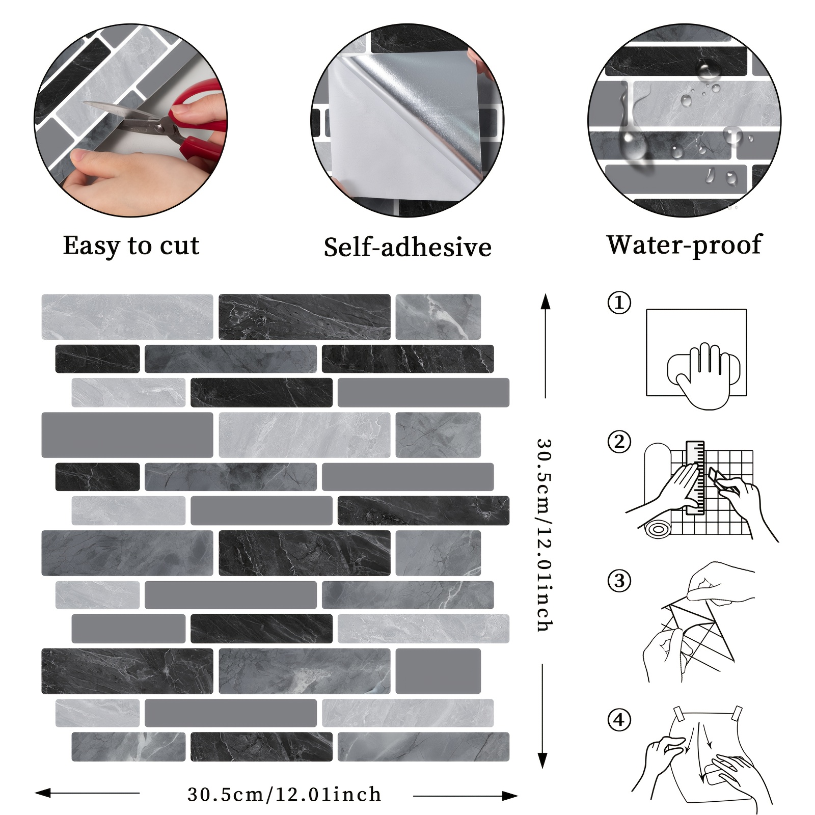 TEMU 20pcs Classic And Peel And Stick Mosaic Self-adhesive Tile Sticker, Backsplash Wall Sticker, Striped Brick Bathroom Kitchen Oil Proof Home Decor