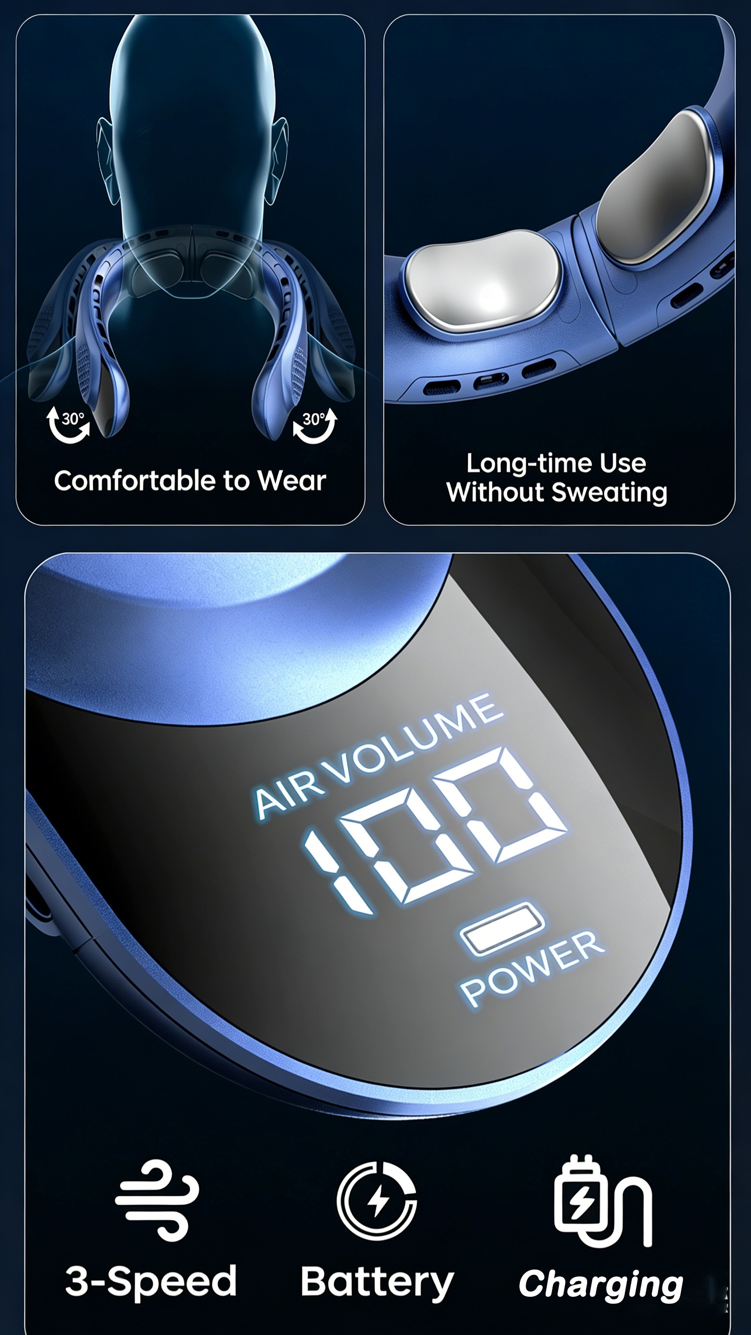2026 New Rechargeable Wearable Neck Fan | LED Smart Display | 3 Speed Settings | 4000mAh High-Capacity Battery & Long-Lasting Battery Life | 360° Surround Airflow | Quiet & Soft Airflow | Indoor & Outdoor Use | Must-Have for Home Cooling