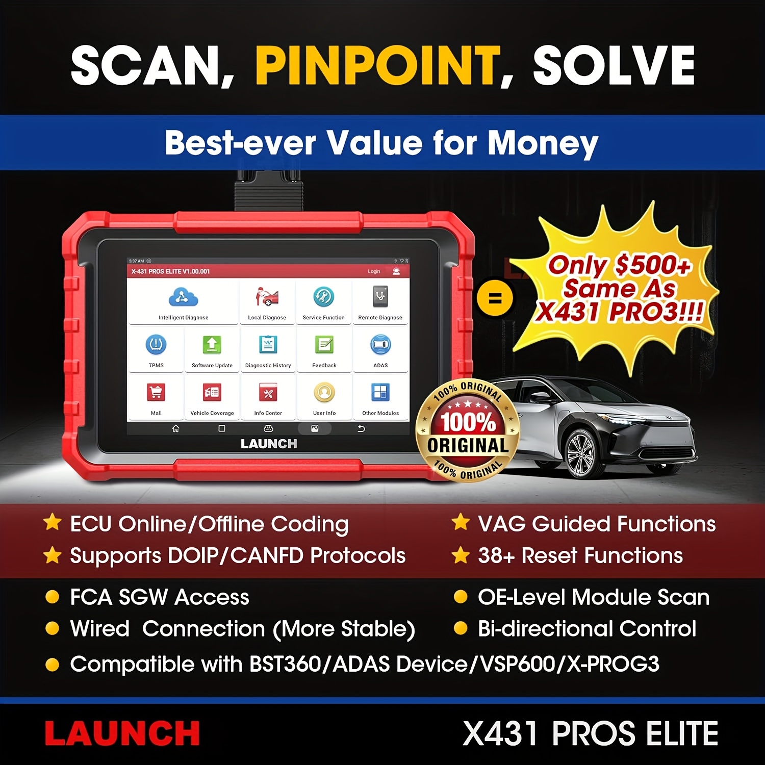 431 pros elite 2025 new bidirectional scan tool 38 services ecu coding all in   system diagnostic scanner support canfd     autoauth v a g guided 2     without battery Product details 2