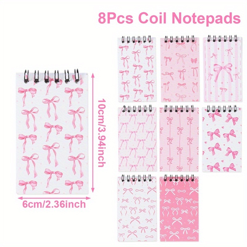 Image of 8pcs, Spiral Coil Notebook, Pink Bow Mini Coil Notebooks, Bowknot Design Spiral Notepads, Blank Pages For , Bow Theme Party Decor, Baby Shower Party Decor, Party Gifts, Birthday Party Supplies