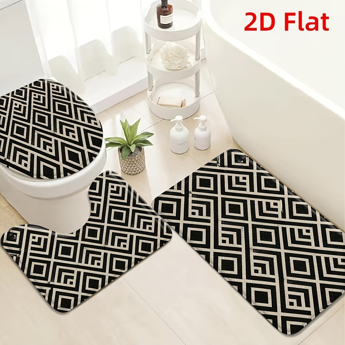 item picture 2d flat 3pcs geometric diamond pattern flannel non slip toilet mat set minimalist   decor for bathroom entrance living room bedside